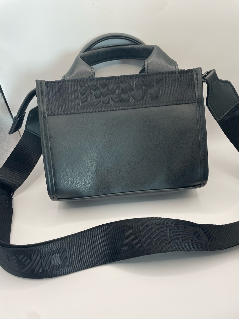 DKNY Black Leather Messenger Bag with Branded Strap
